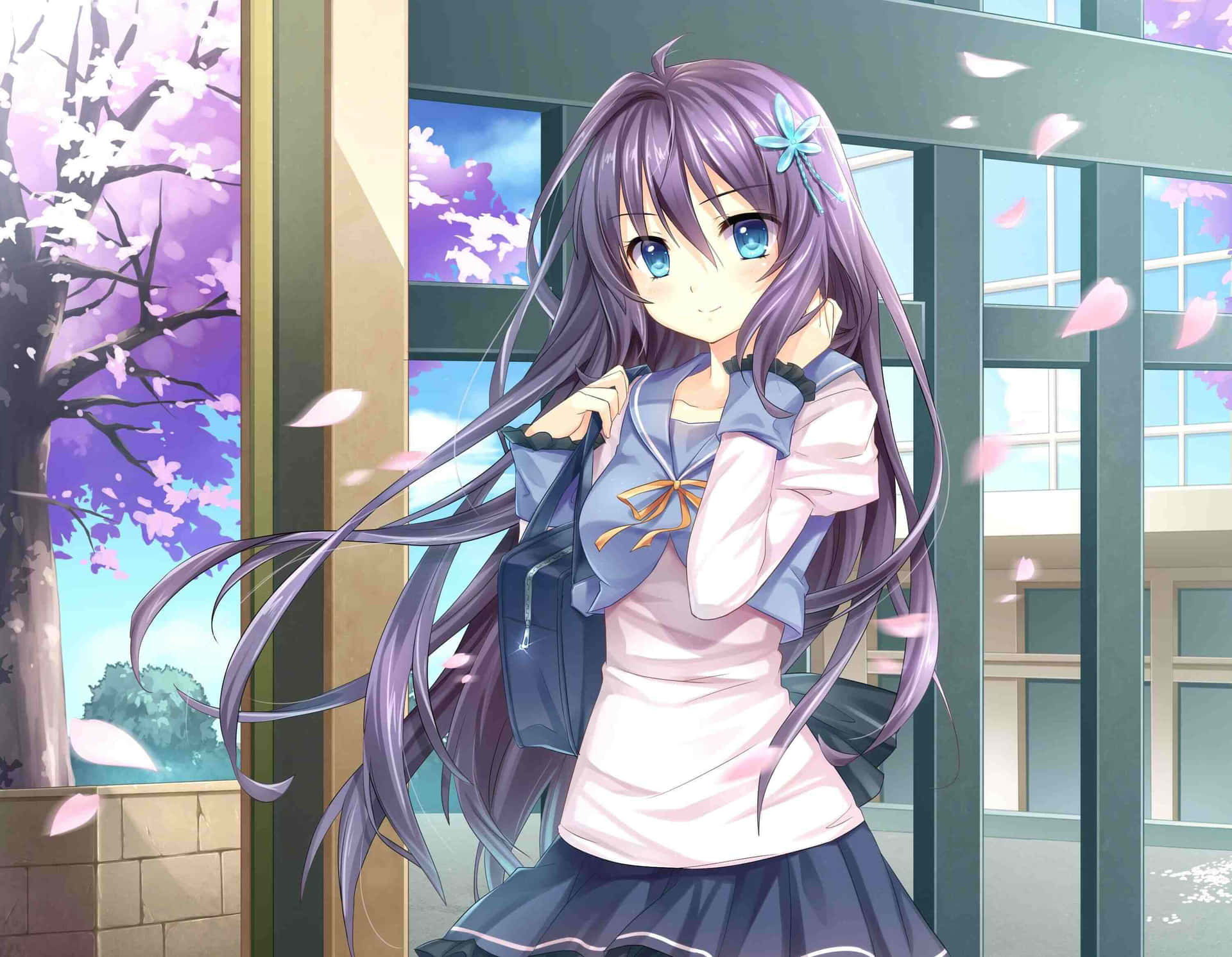 Purple Haired Anime Girl Spring Blossoms Background