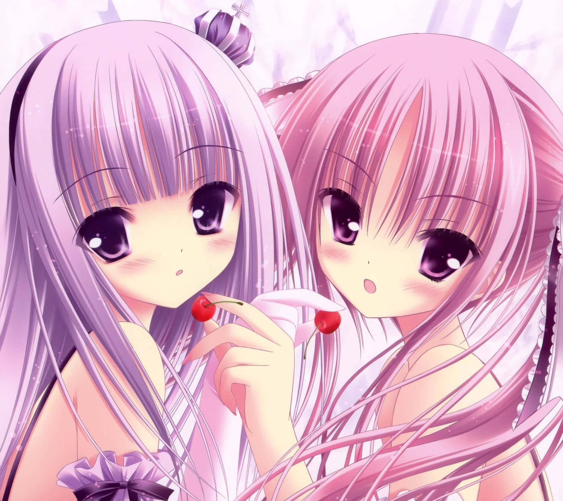 Purple Haired Anime Girls With Cherries Background