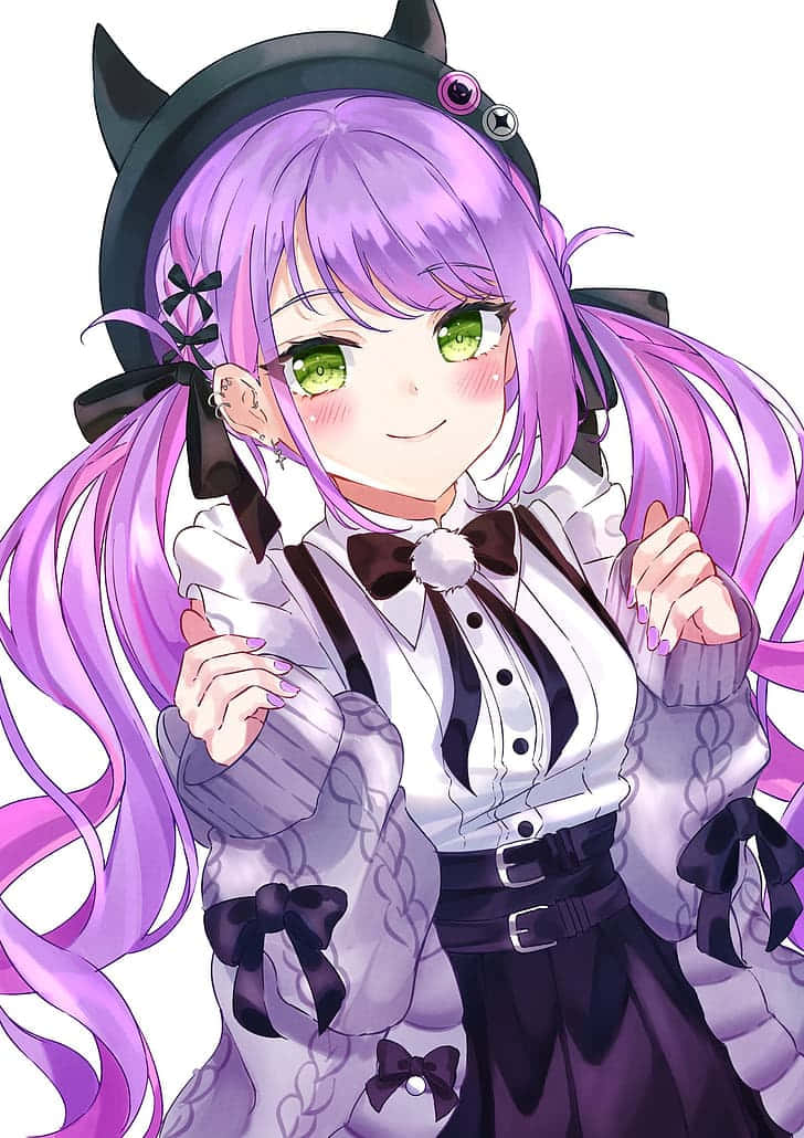 Purple Haired Anime Girlwith Green Eyes Background