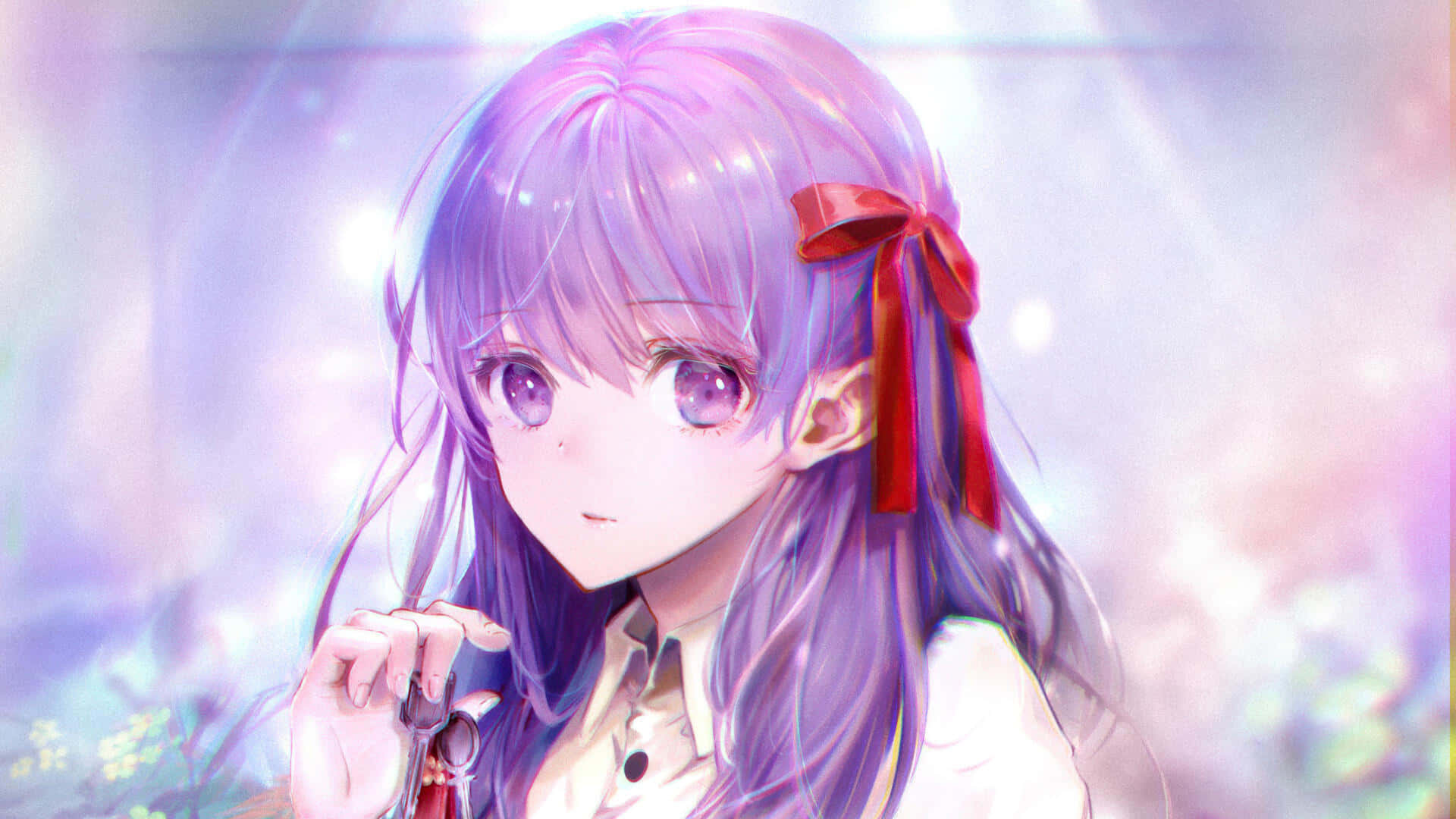 Purple Haired Anime Girlwith Red Ribbon Background