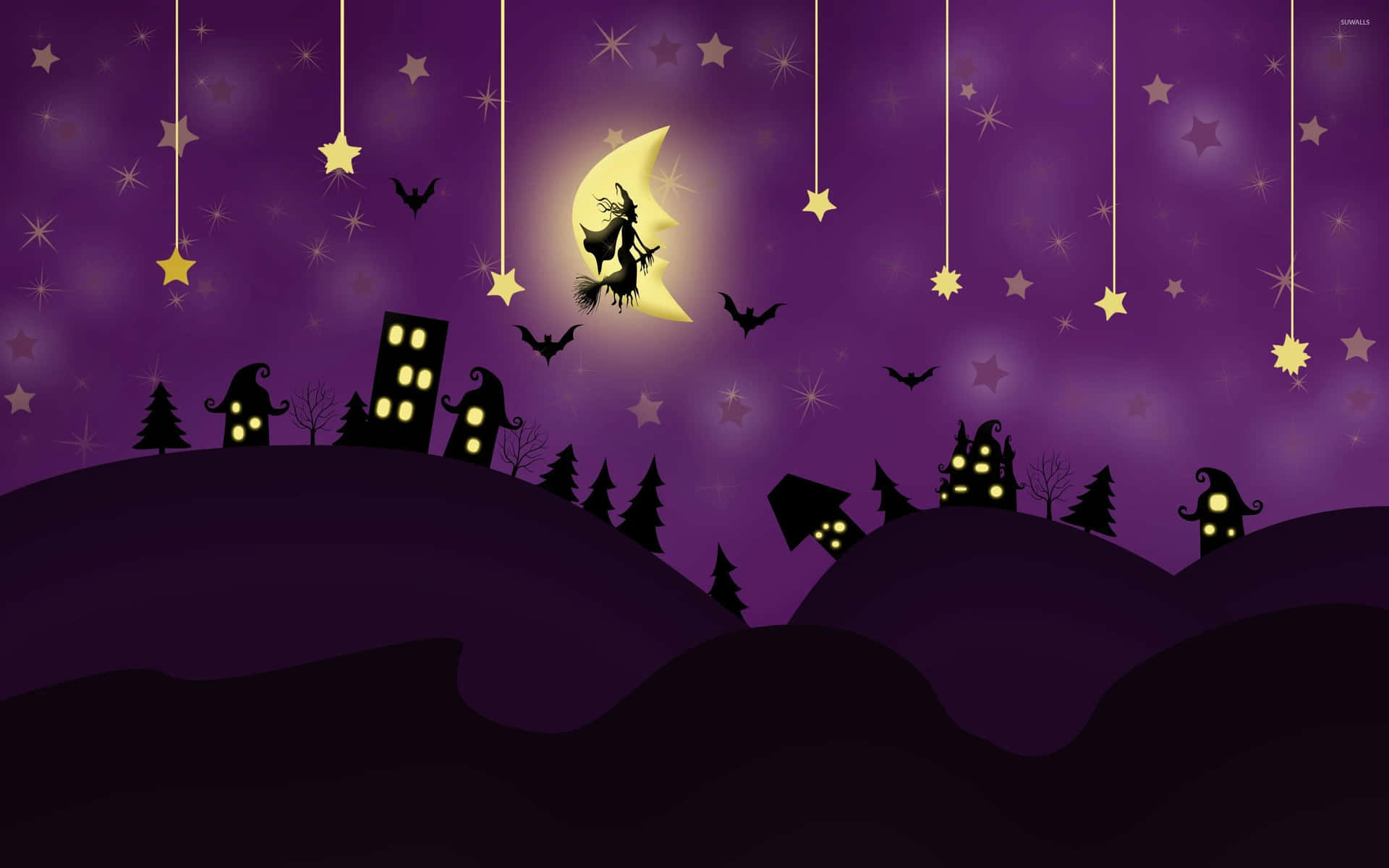 Purple Halloween Witch Flying On A Broom Background