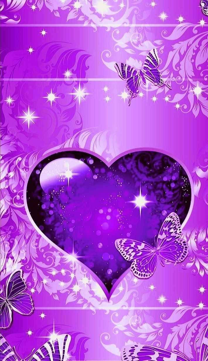 Purple Heart And Purple Butterflies Background