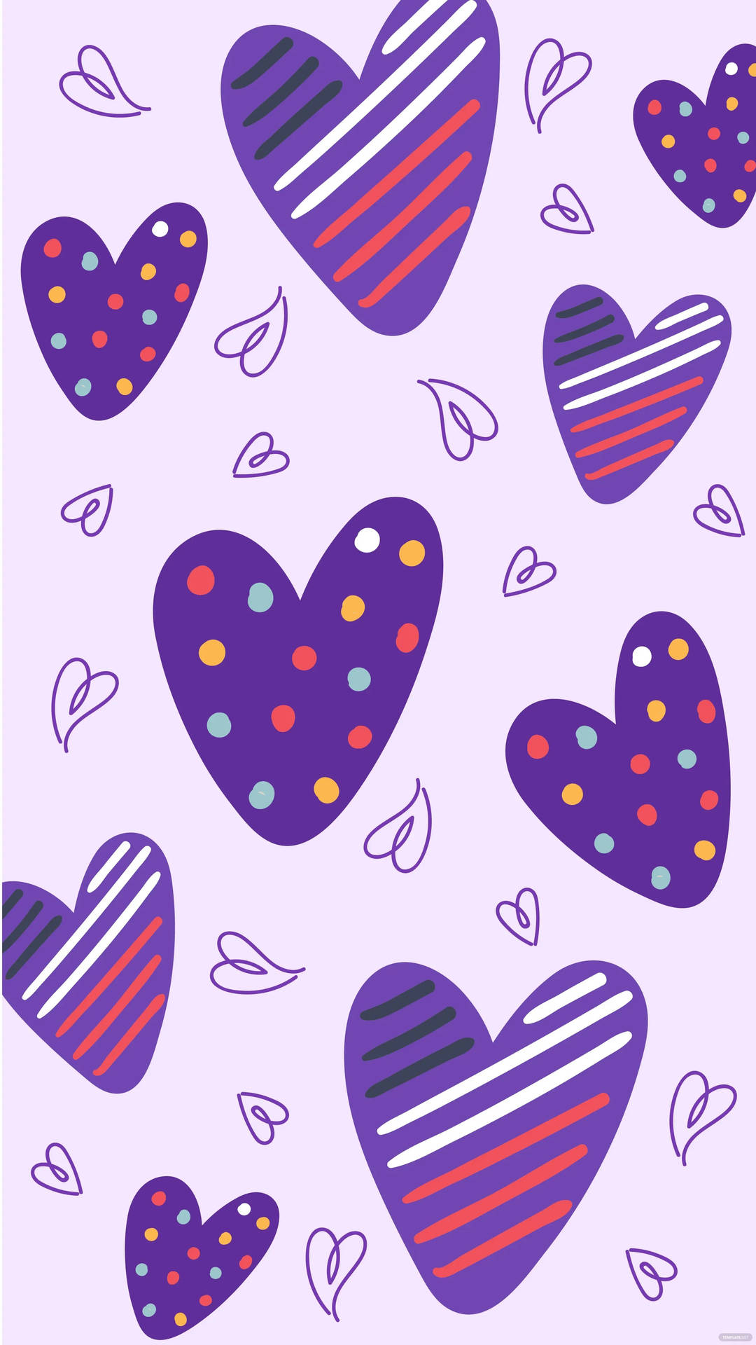 Purple Hearts And Colorful Dots Art Background