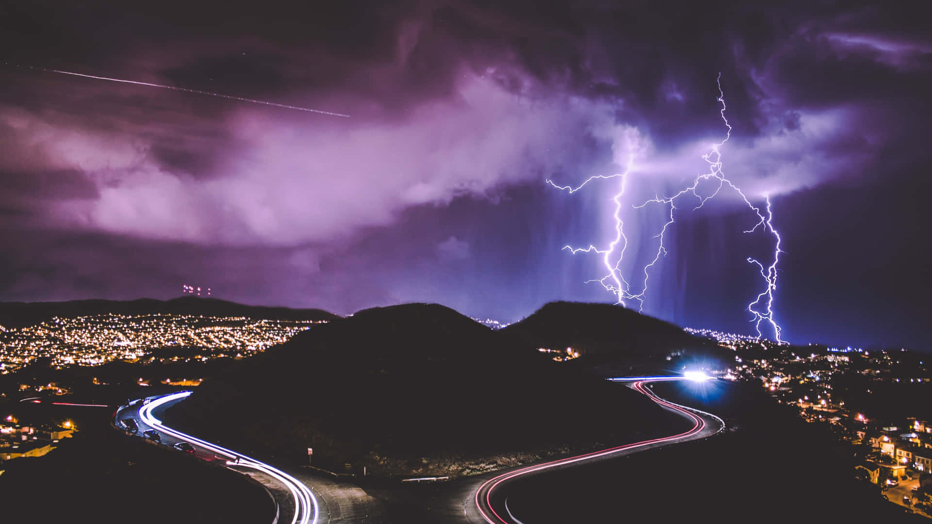 Purple Lightning Over City Road