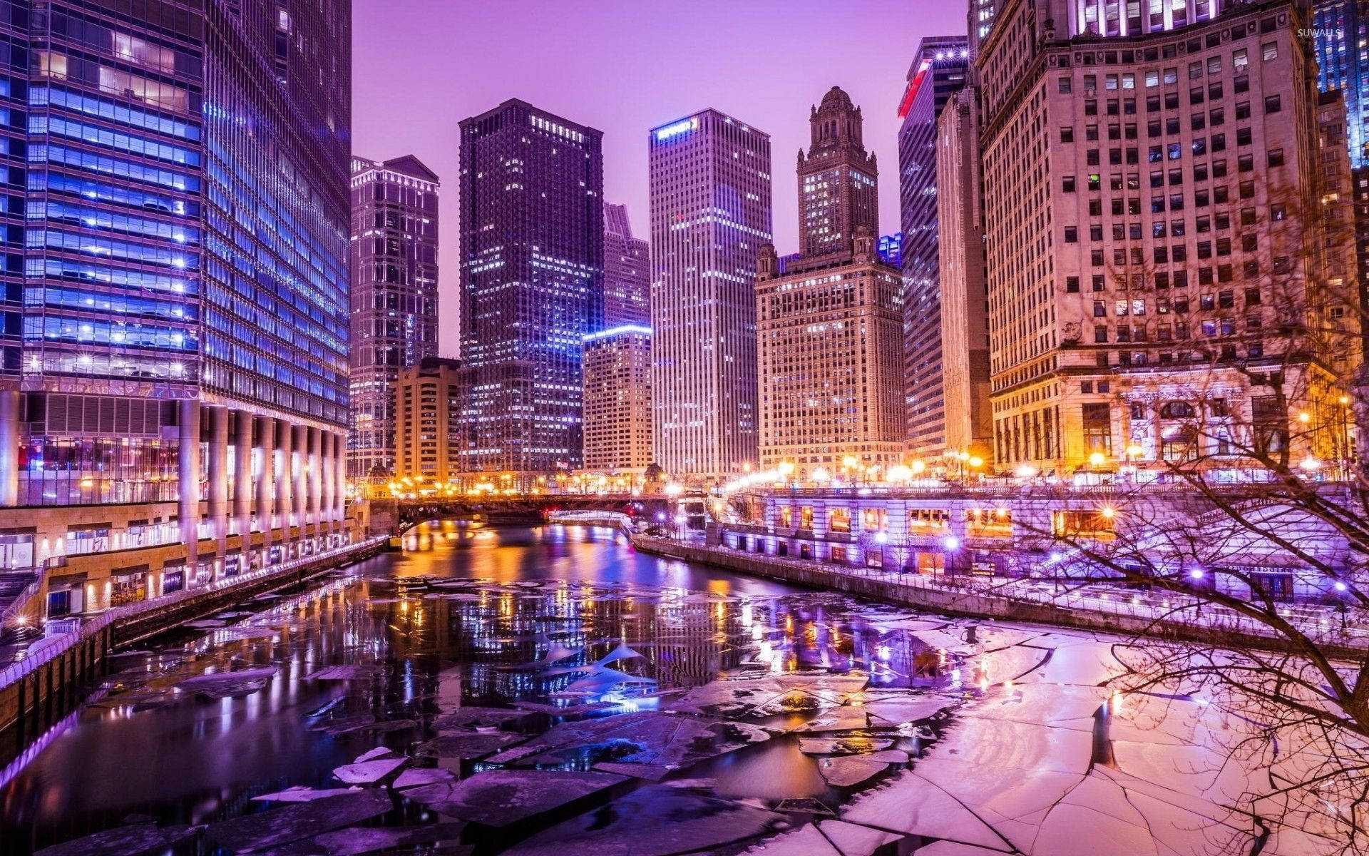 Purple Lights In Chicago City Background