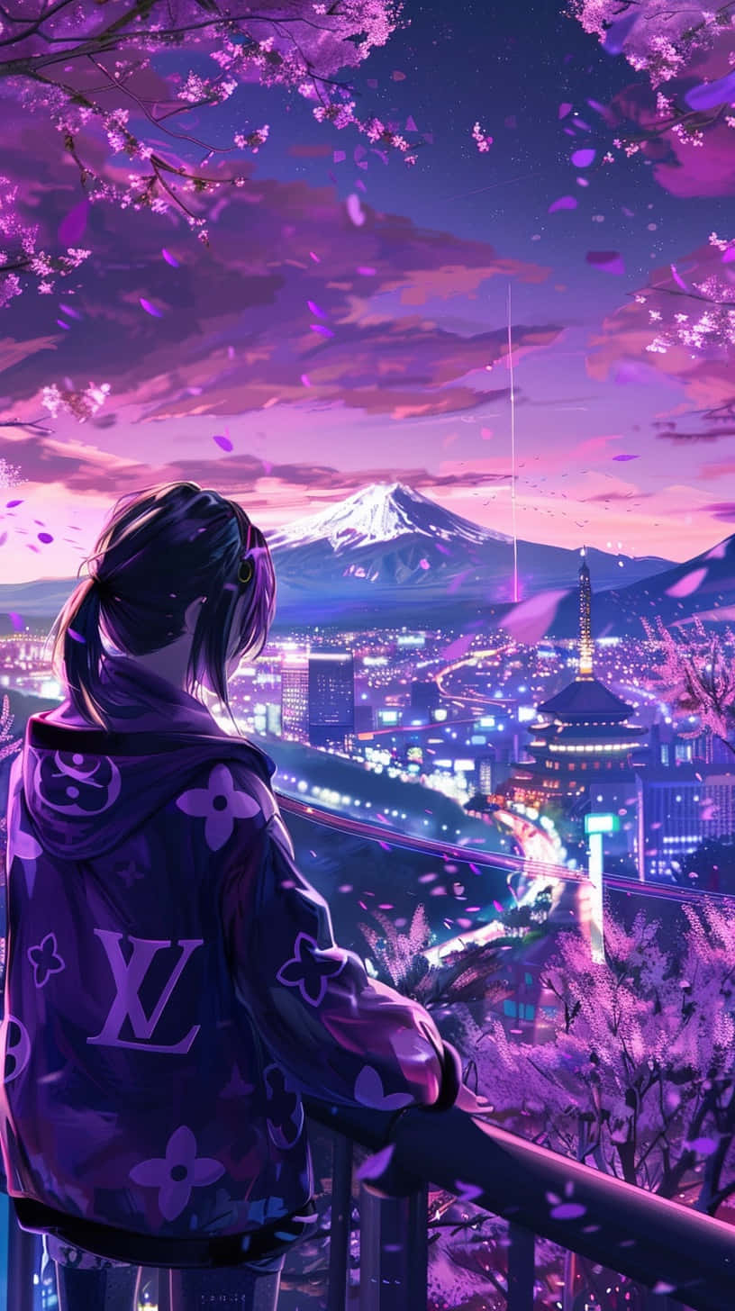Purple Louis Vuitton Jacket Overlooking Cityscape Background