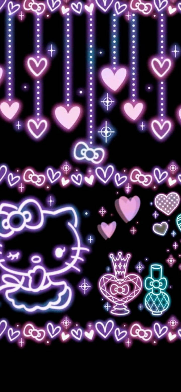 Purple Neon On Black Hello Kitty
