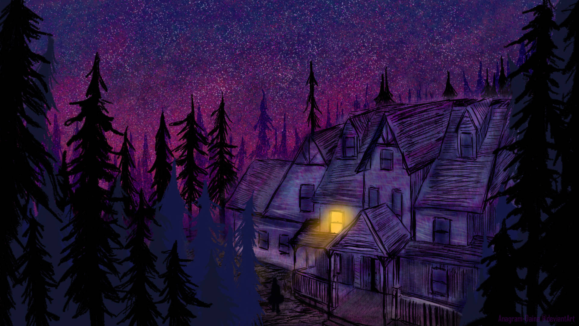 Purple Night Sky And Cottage Background