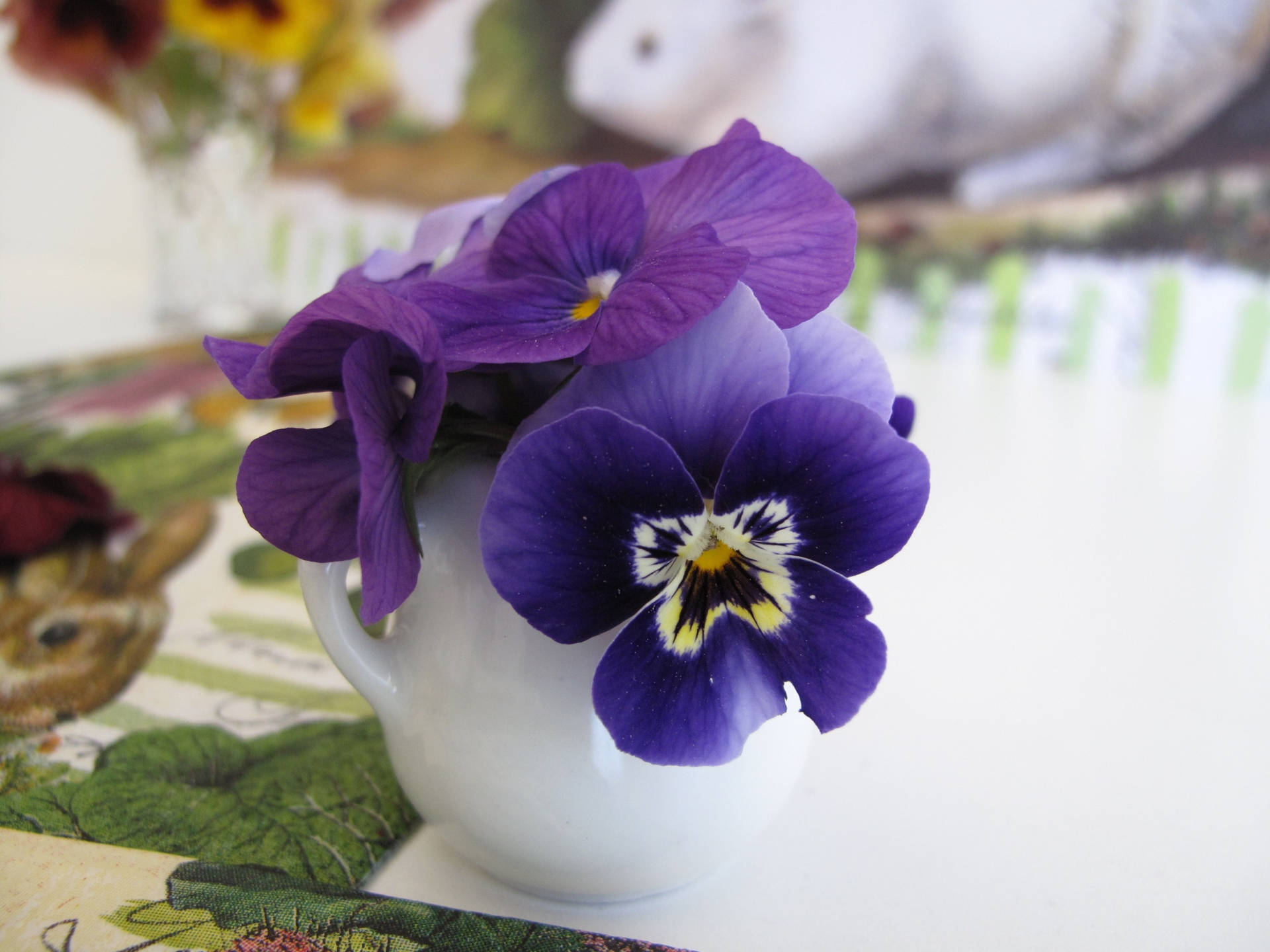 Purple Pansy On White Vase