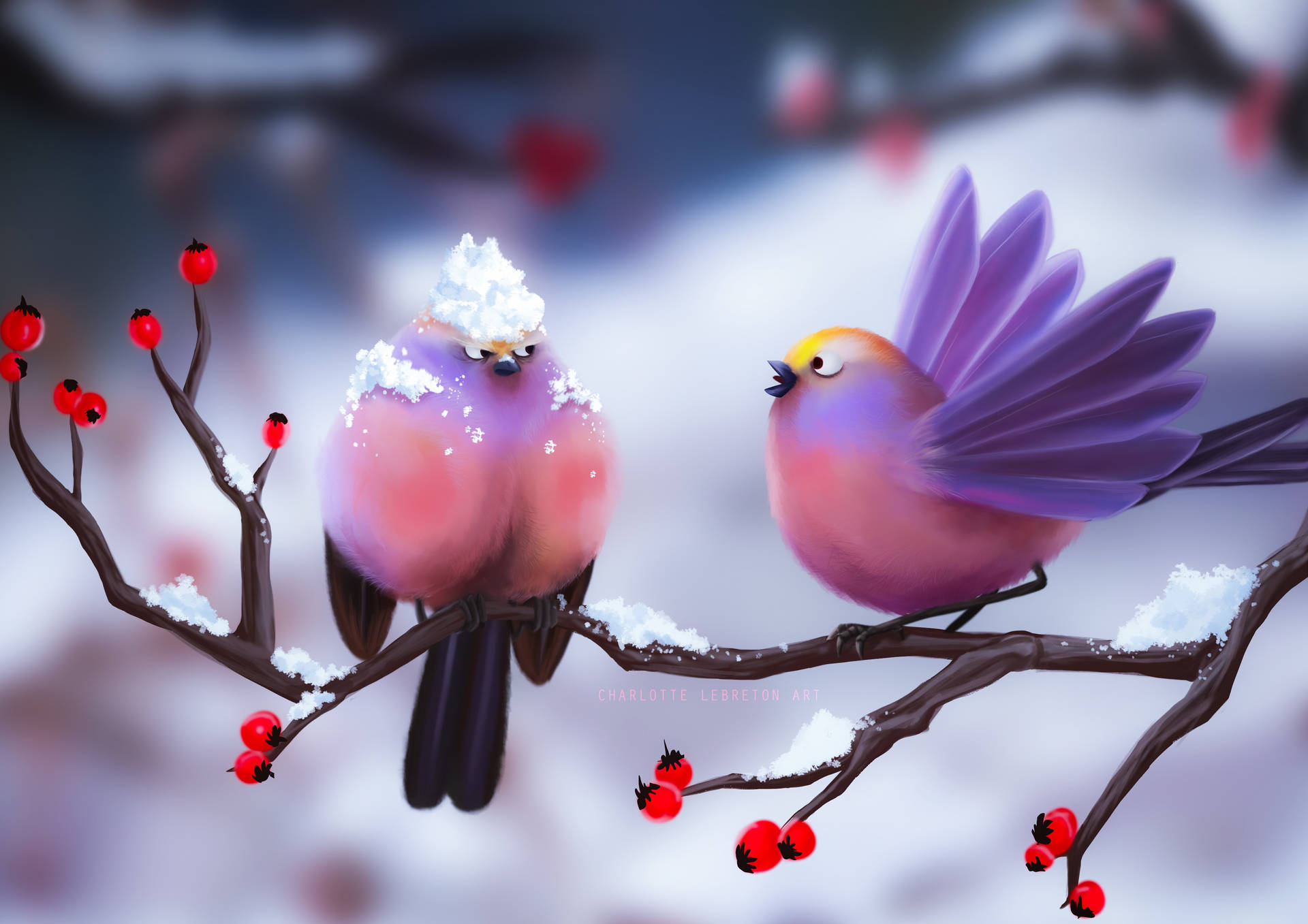 Purple-pink Love Birds On Cherry Branch Background