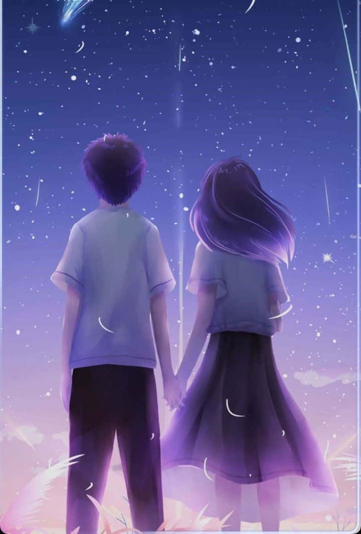 Purple Romance Anime Student Couple Holding Hands