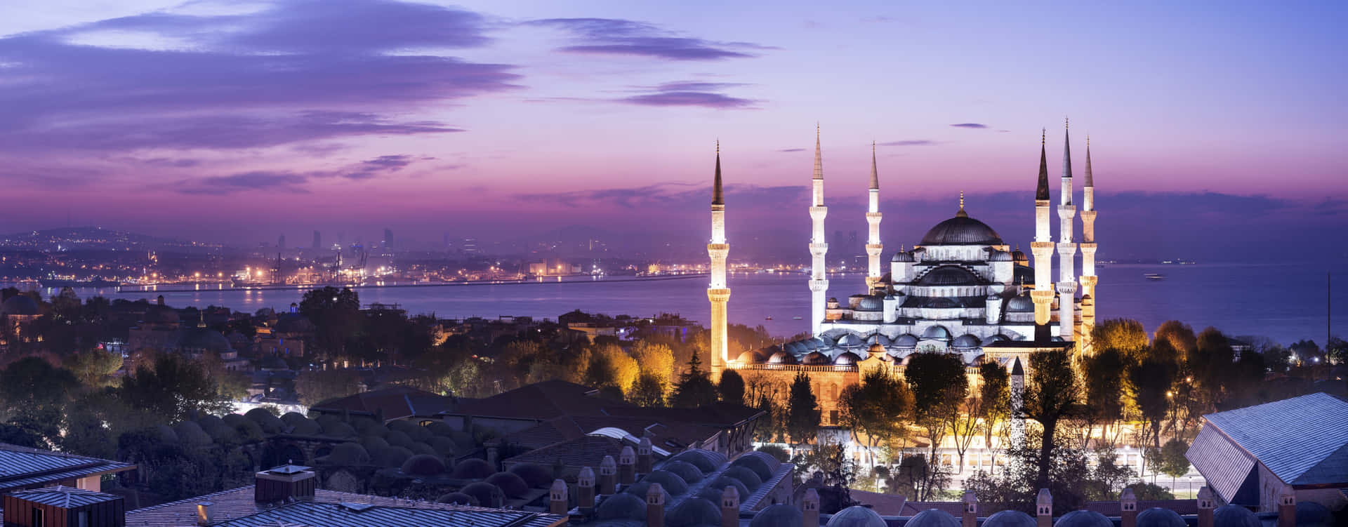 Purple Sky Blue Mosque Panoramic View Background