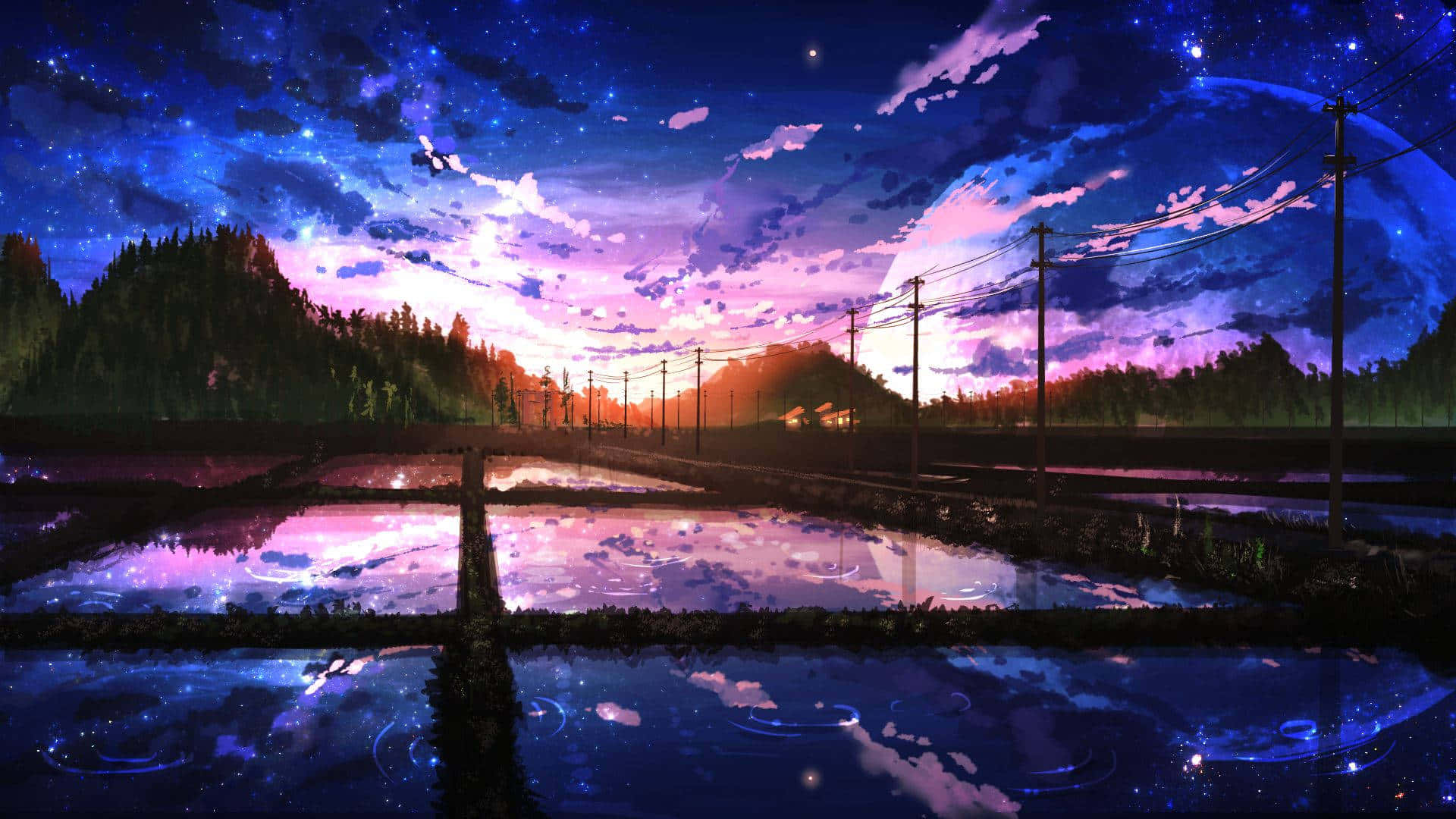 Purple Sky Farmlands Beautiful Anime Scenery