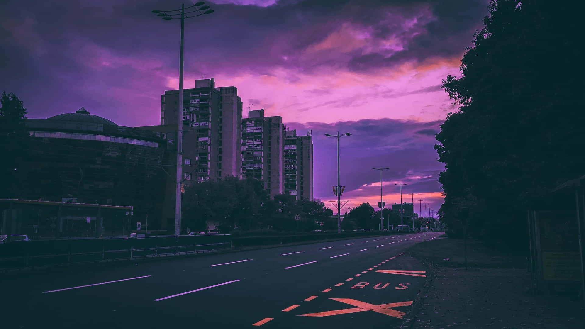 Purple Sky With Buildings Background