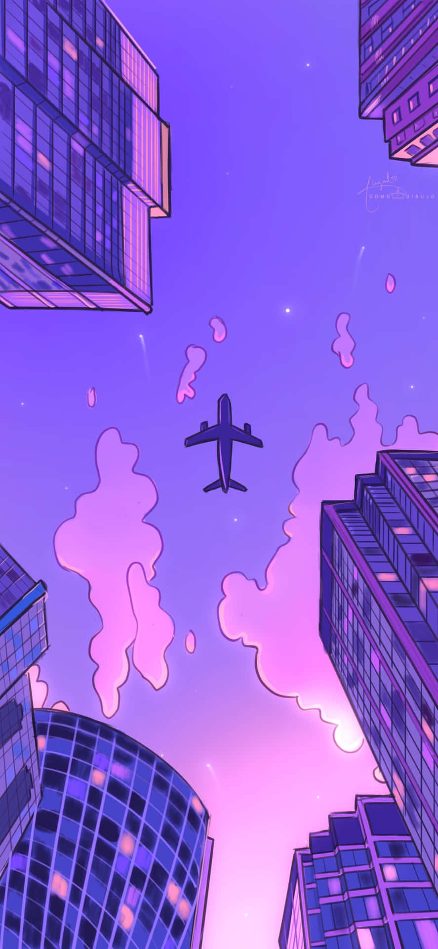 Purple_ Skyline_ Airplane_ Illustration Background