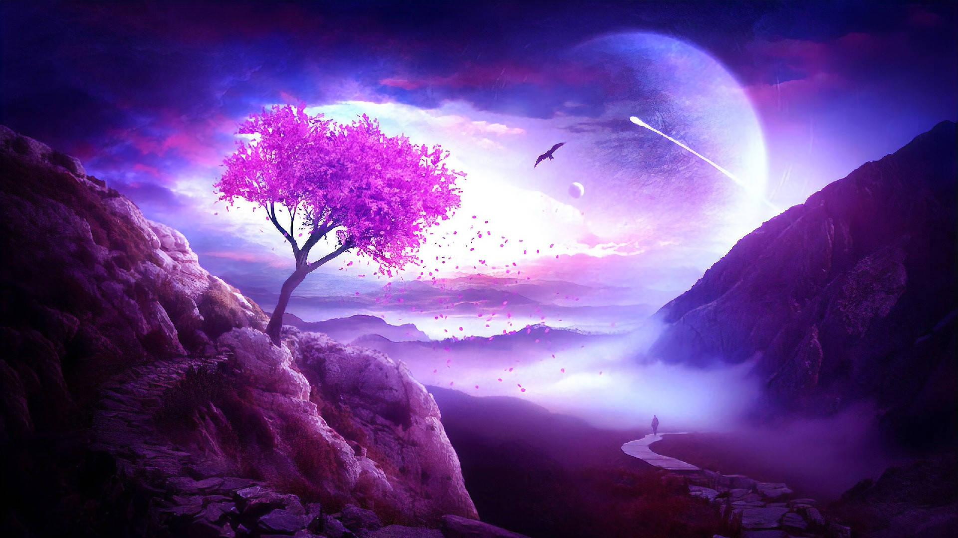 Purple Tree And Moon Background