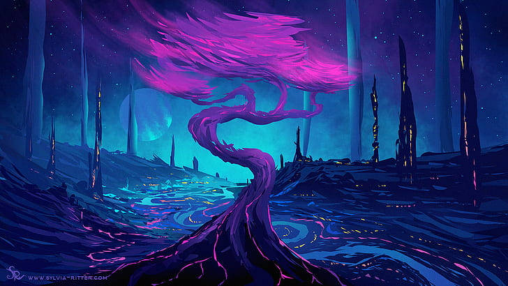 Purple Tree Blue Sky Painting Background