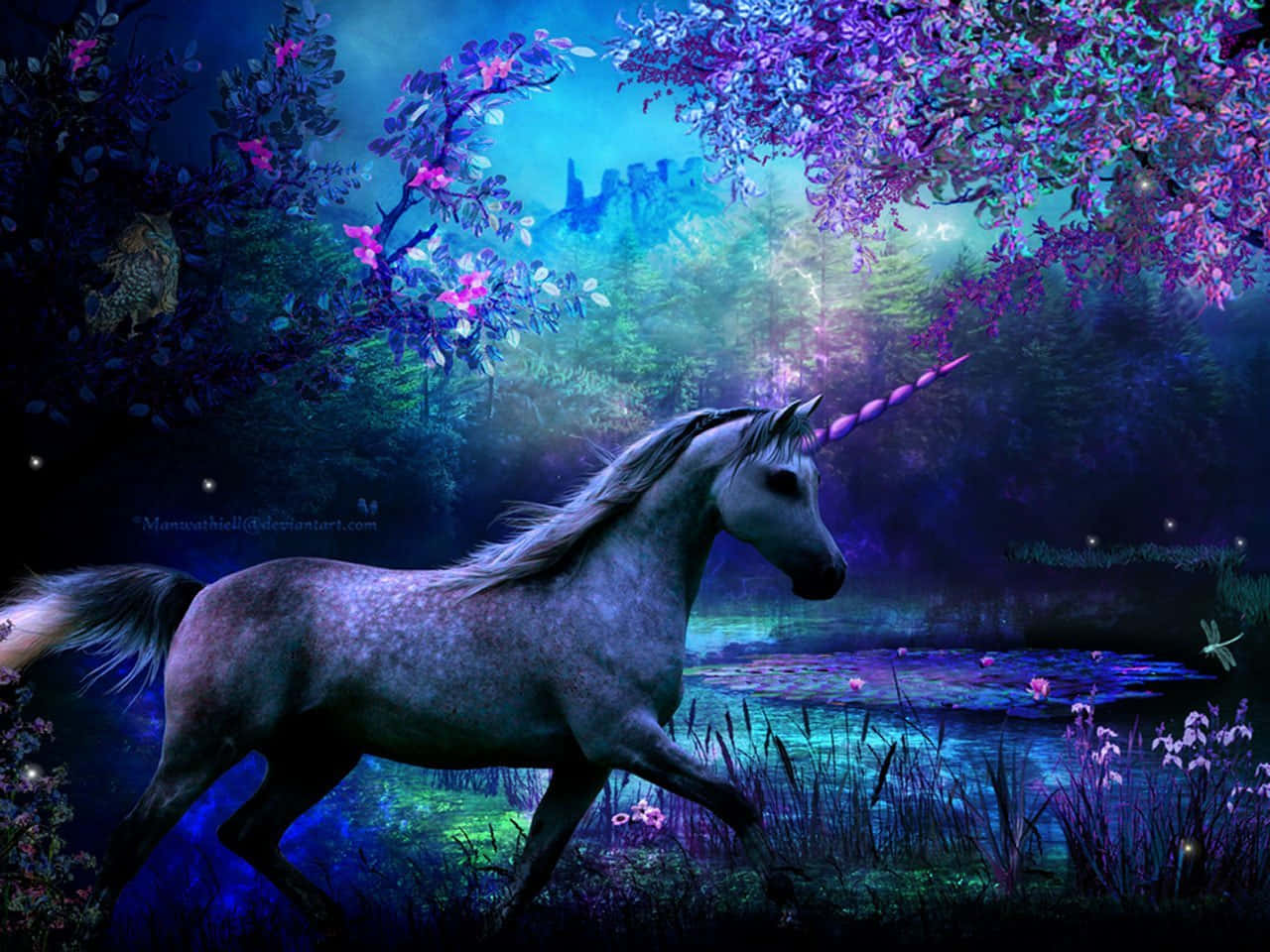 Purple Unicorn Running In Forest