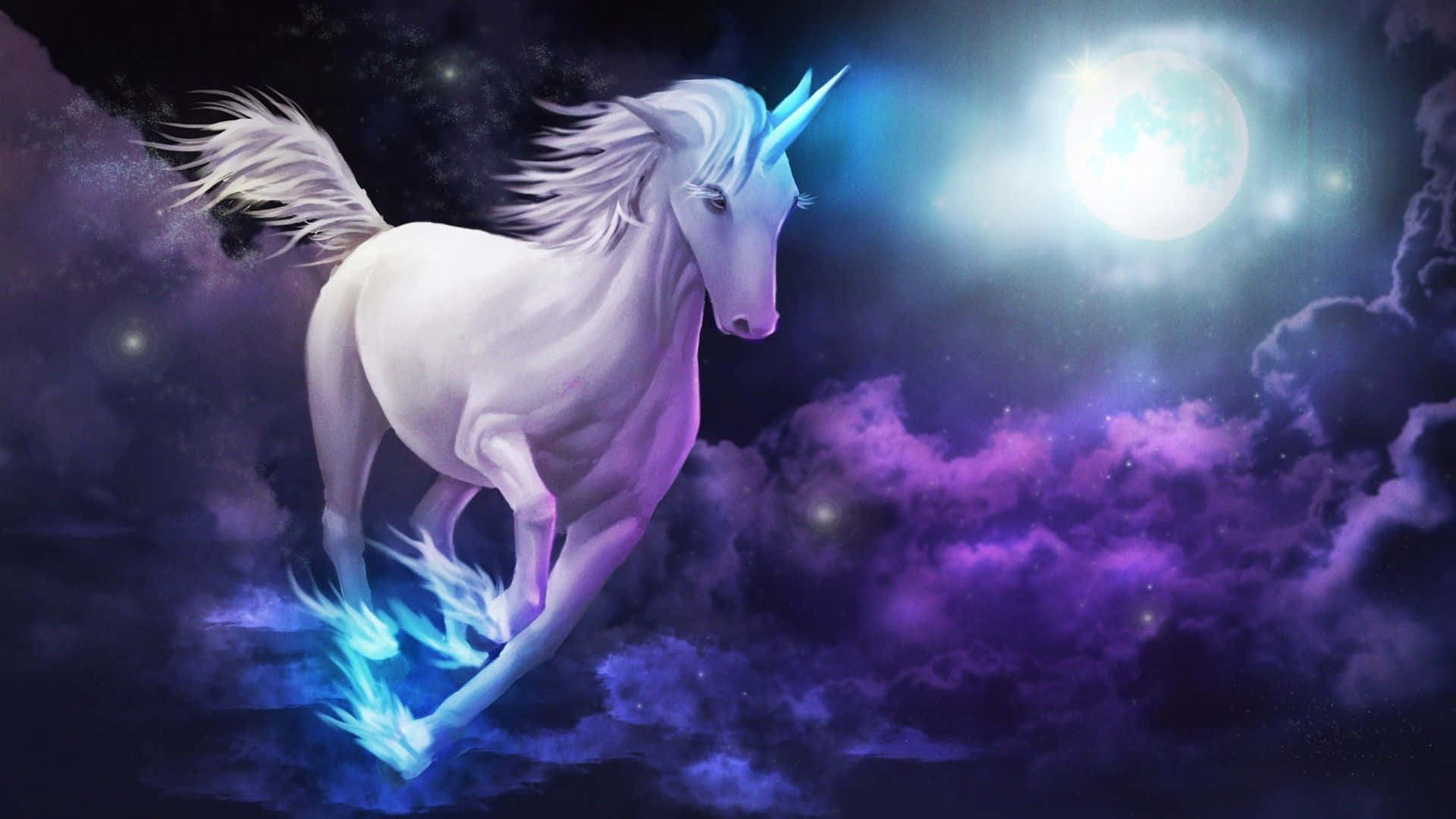 Purple Unicorn Running Through Clouds Background