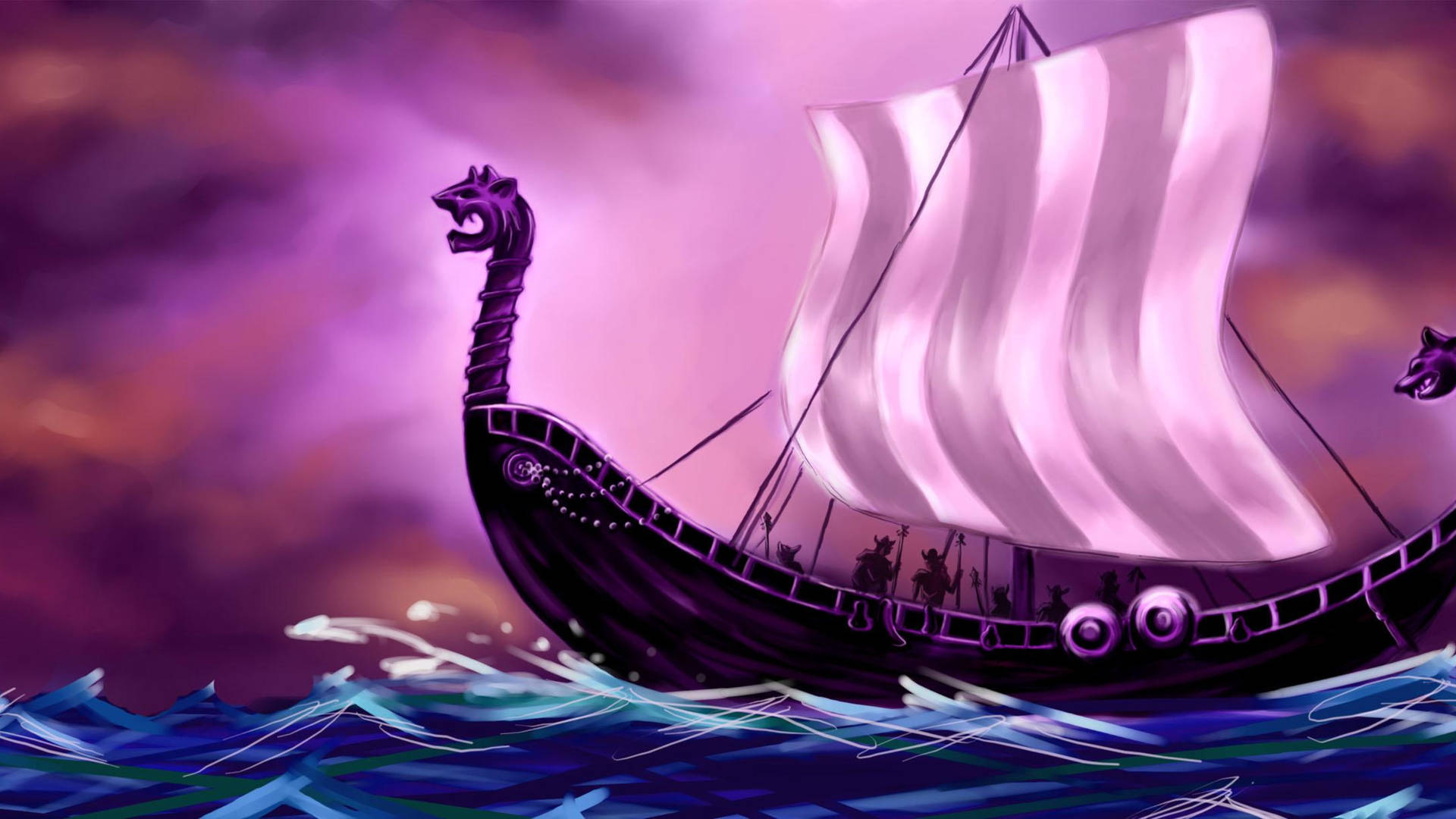 Purple Viking Ship Art Background