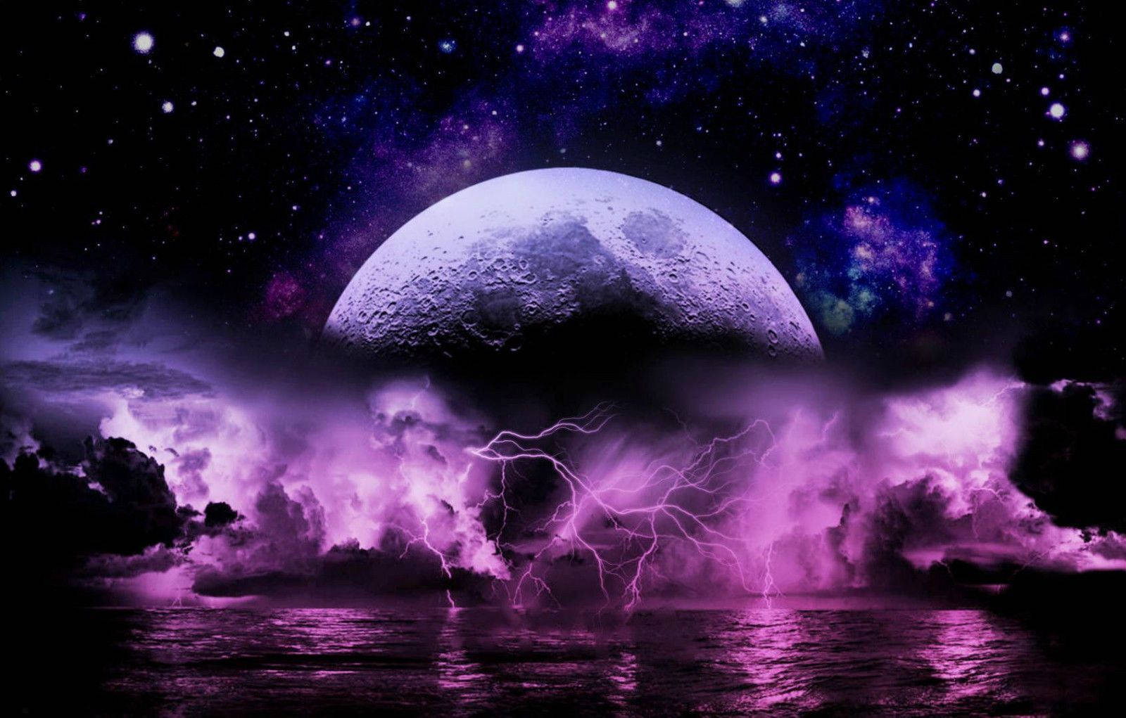 Purple Wispy Galaxy Moon Background