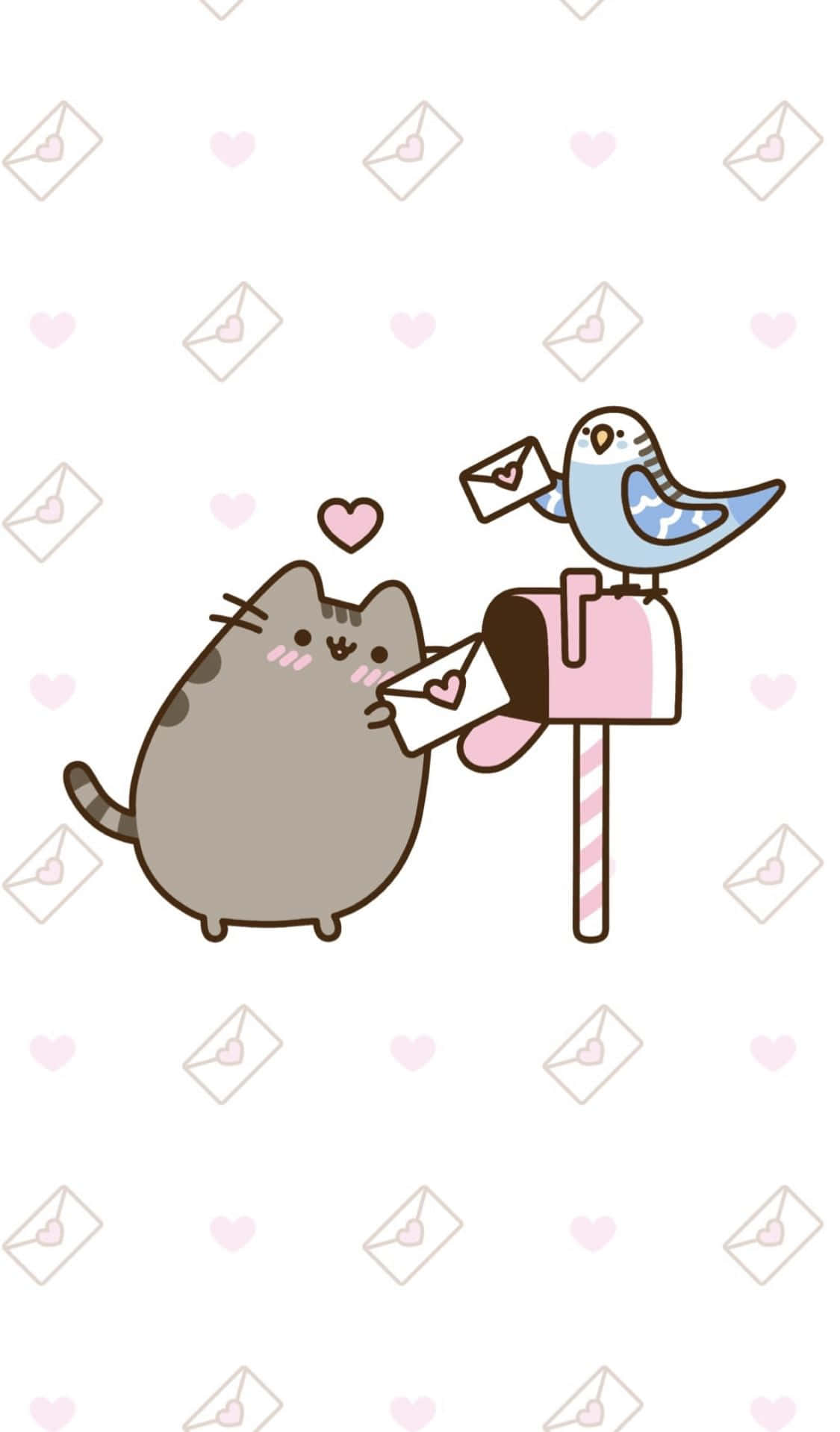 Pusheen Cat And Bird In A Mailbox Background