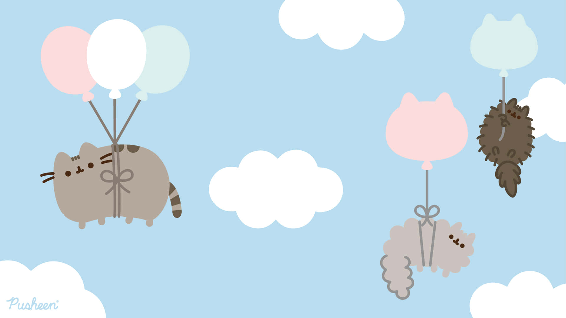 Pusheen Cat Flying In The Sky With Balloons Background