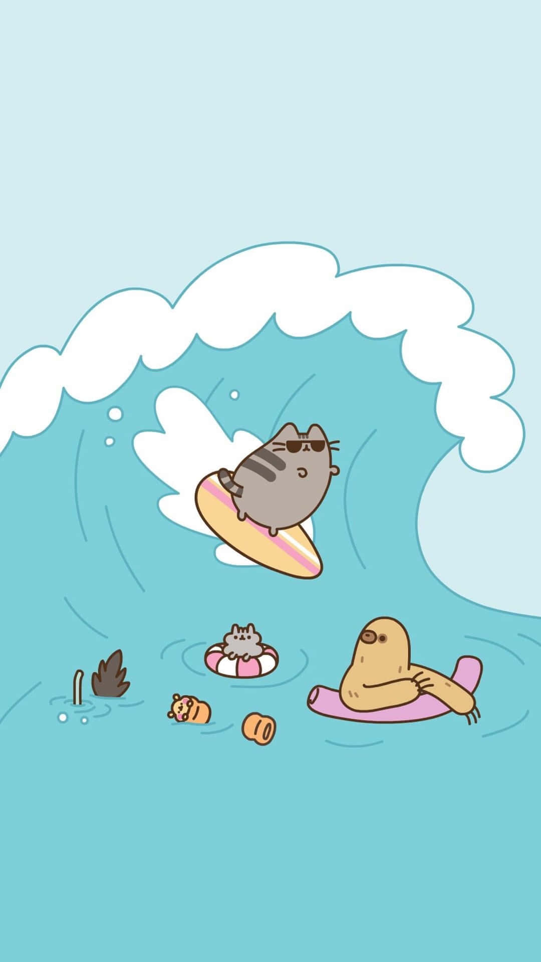 Pusheen Kawaii With A Massive Wave Background