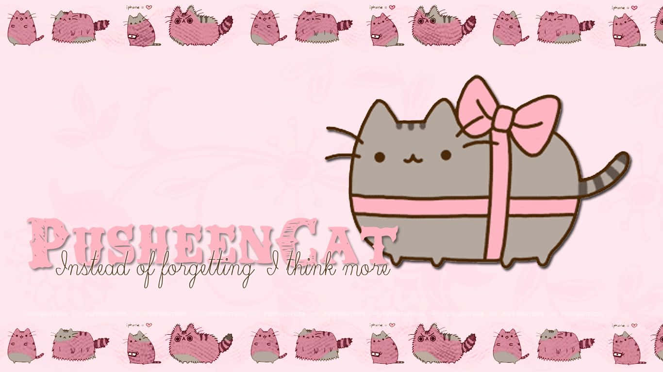 Pusheen Kawaii With A Pink Bow Background