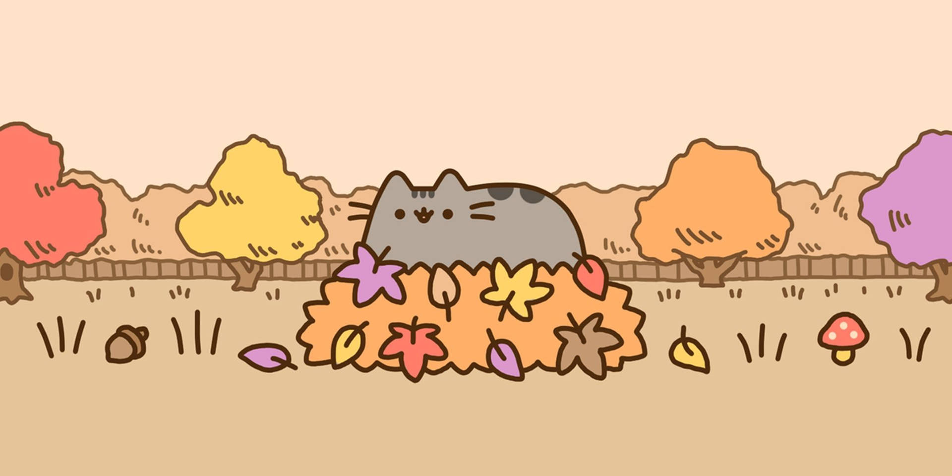 Pusheen On Dried Leaves Pile Background