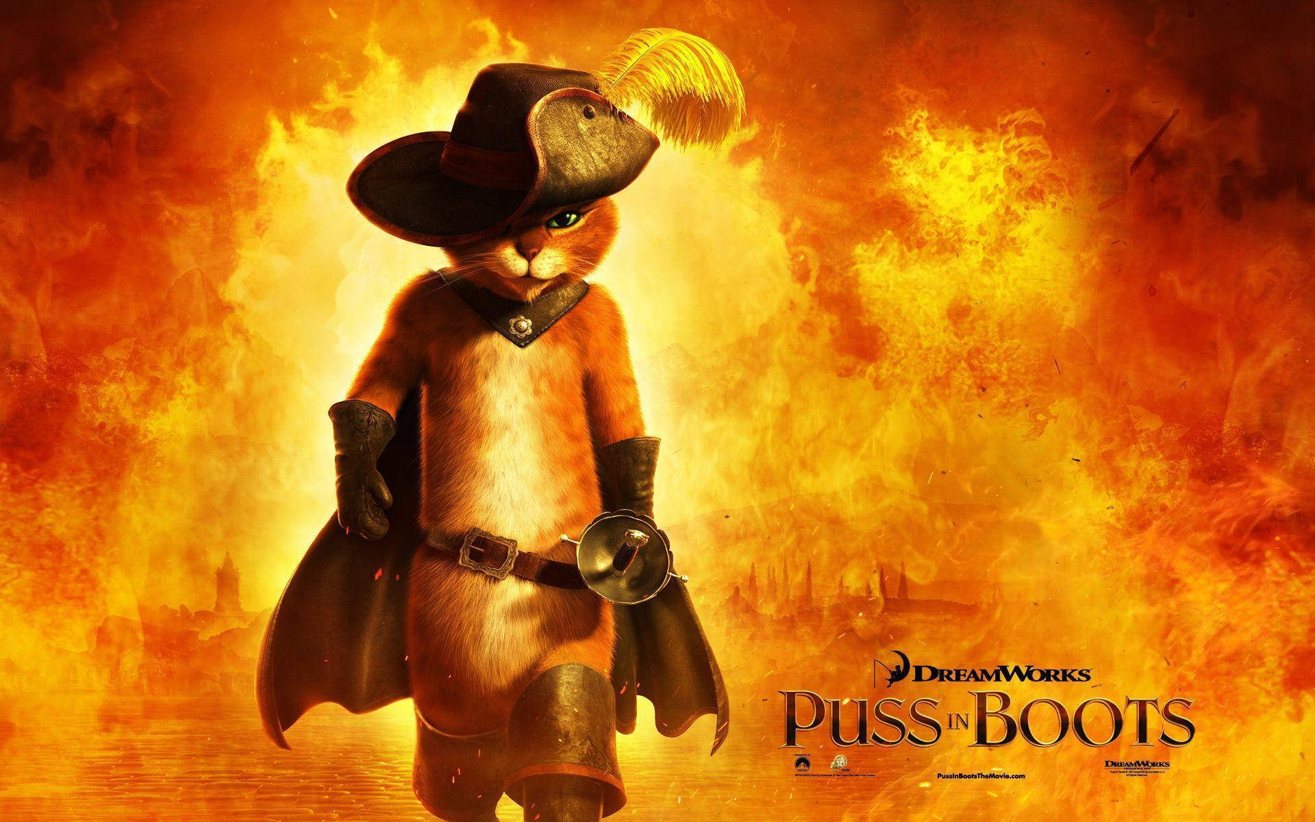Puss In Boots Walking On Fire Background