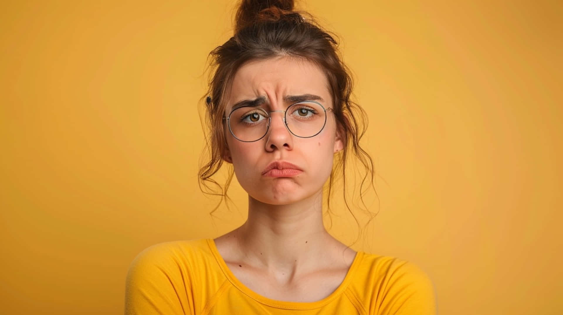 Puzzled Woman Yellow Background