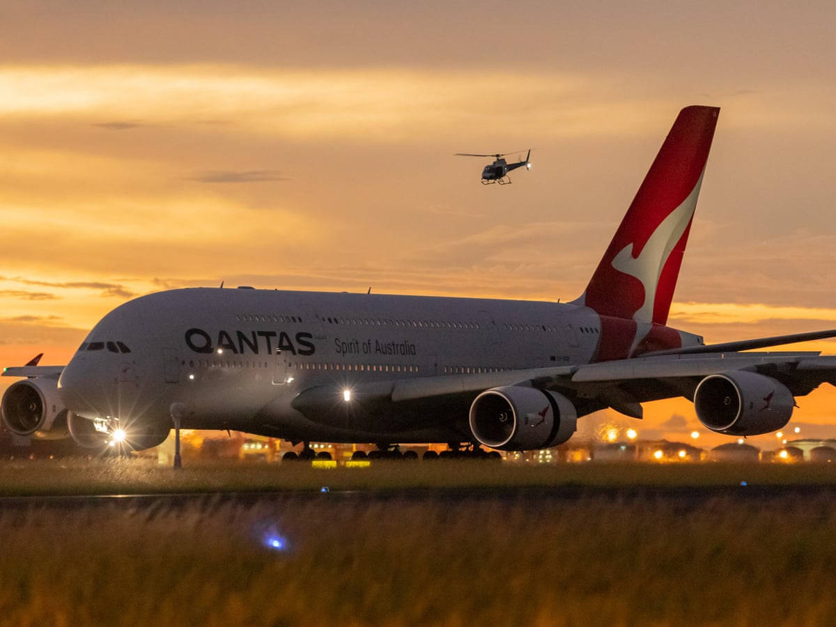 Qantas Airbus A380 On A Sunset Background