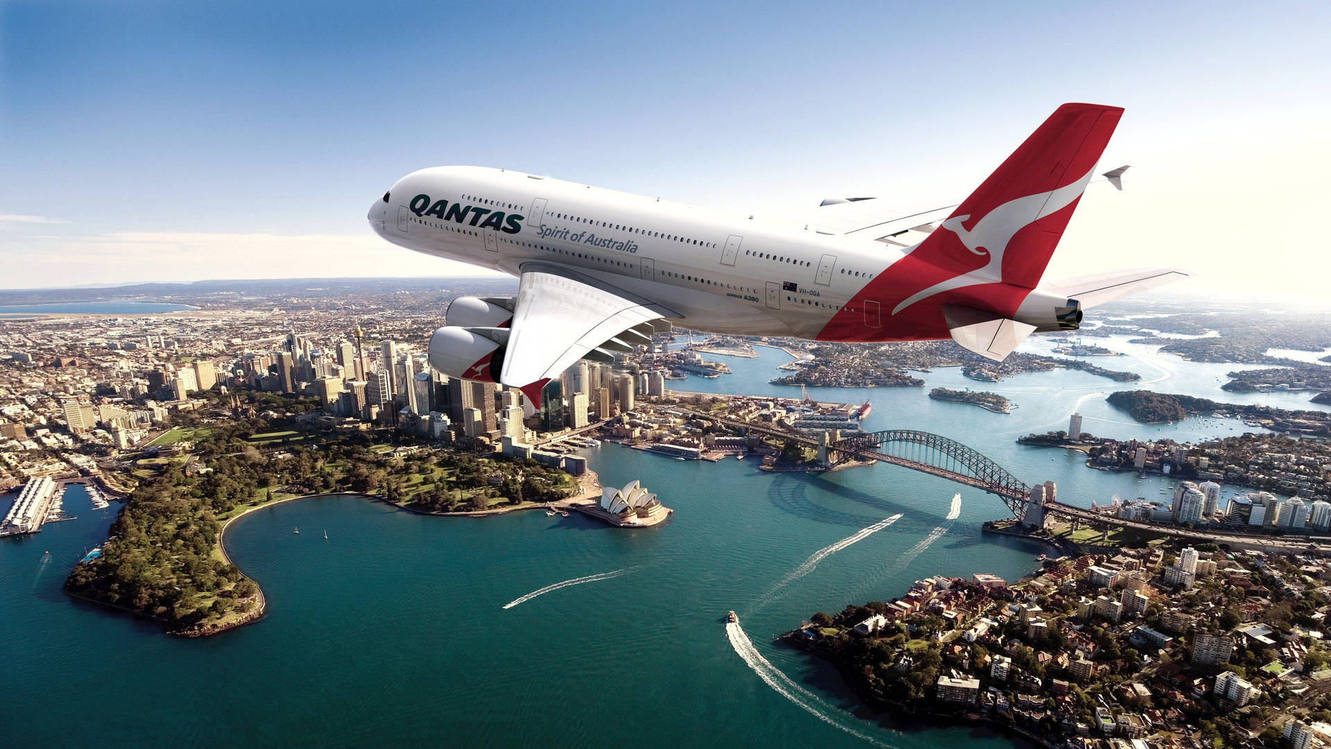 Qantas Airplane Flying Over Sydney Australia Background