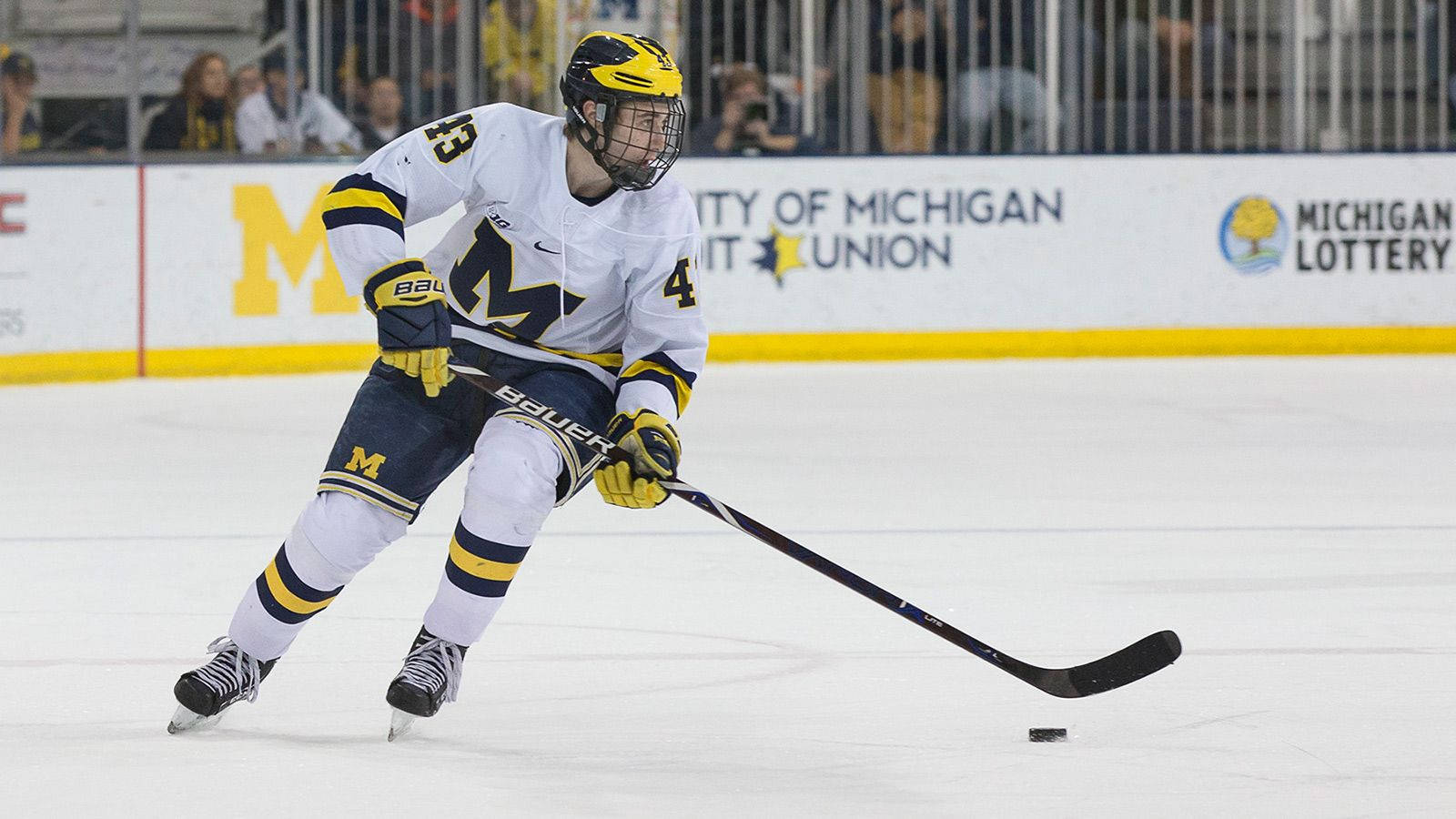 Quinn Hughes Dribbling Hockey Puck With Hockey Stick During Game Background