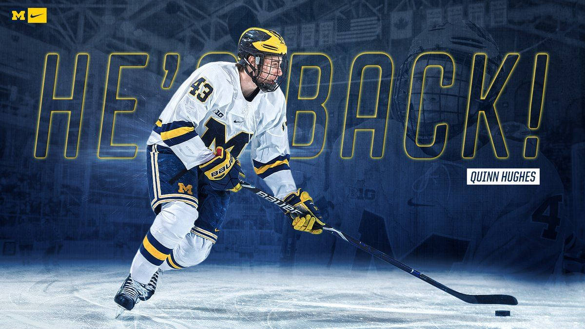 Quinn Hughes Dribbling Hockey Puck With Quote And Faded Background Background