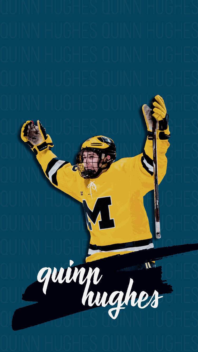 Quinn Hughes Holding Hockey Stick And Both Hands In The Air Background