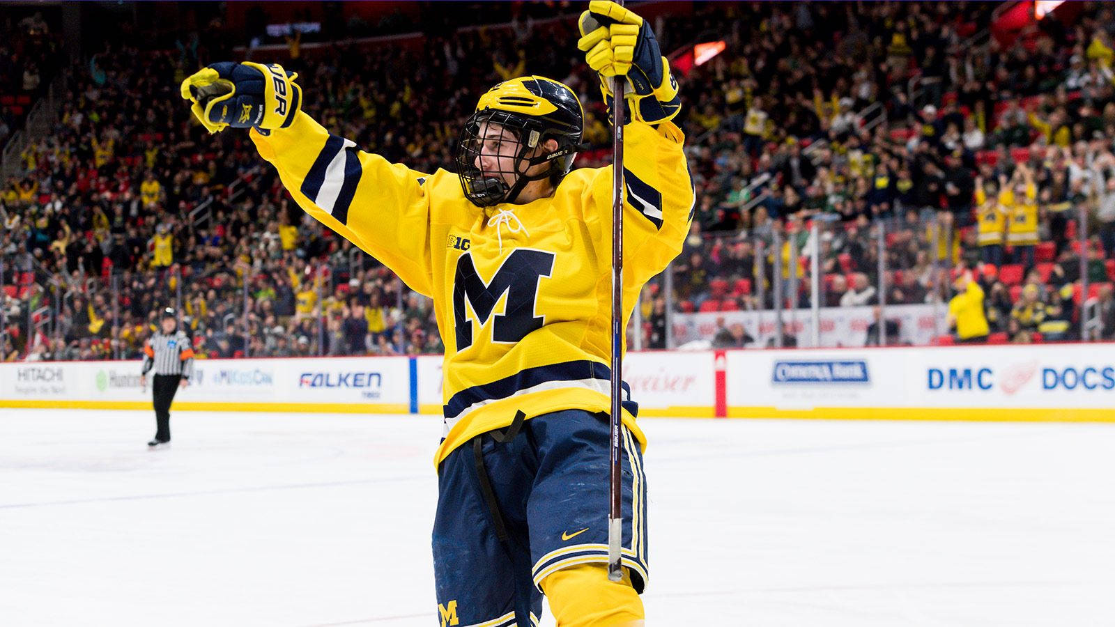 Quinn Hughes Looking To The Left Holding Hockey Stick And With Both Arms In The Air Background