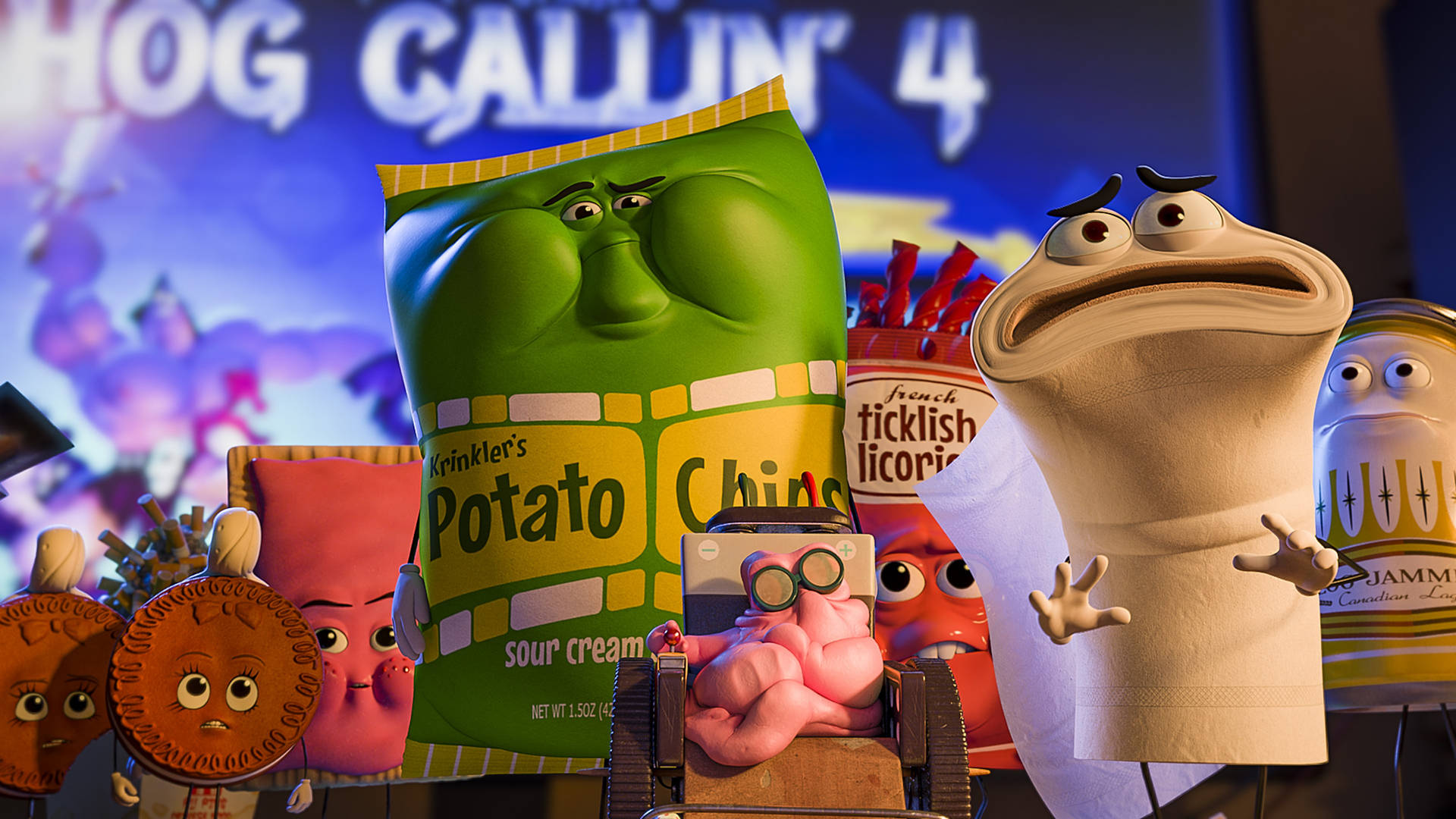 Quirky Friends From Sausage Party - Potato Chips And Toilet Paper