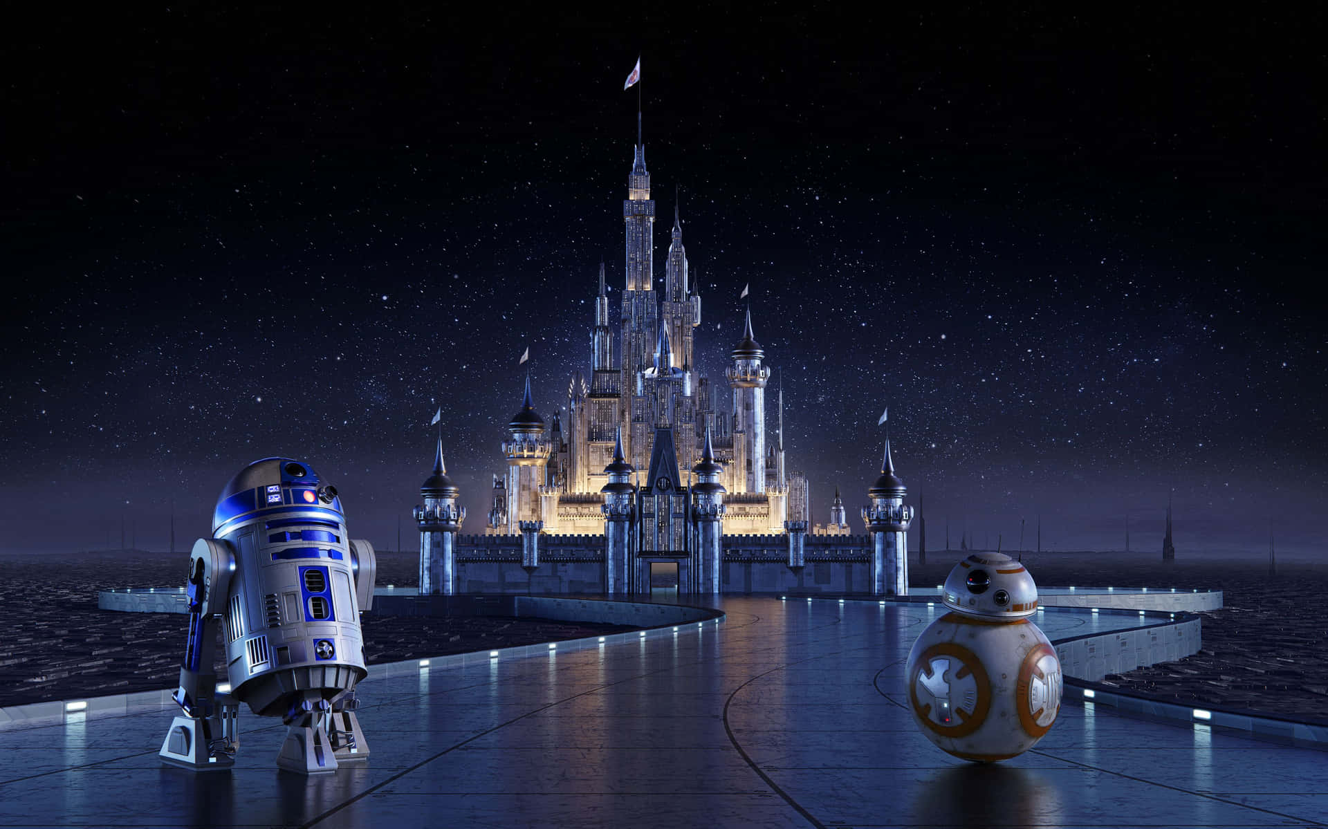 R2d2 And Droids Standing In Front Of A Castle Background