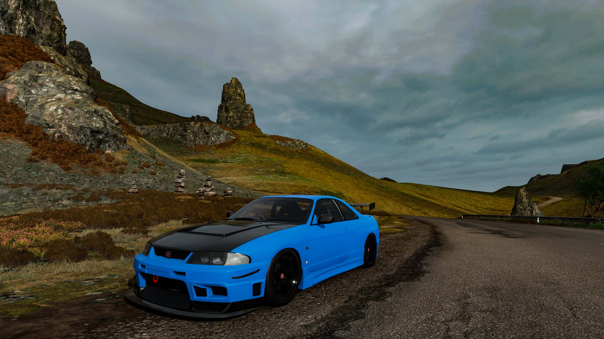 R33 Gtr Light Blue Black Background