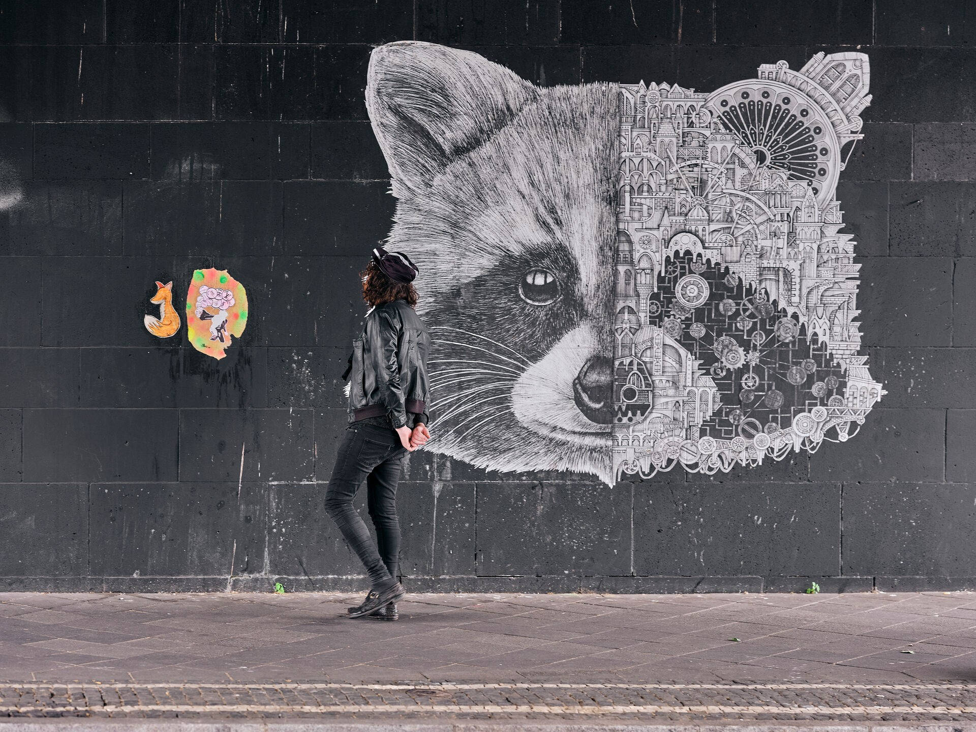 Raccoon And Woman Urban Art Background