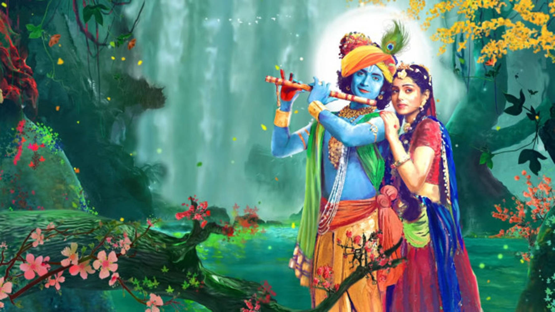 Radha And Krishna Desktop Waterfall Art Background