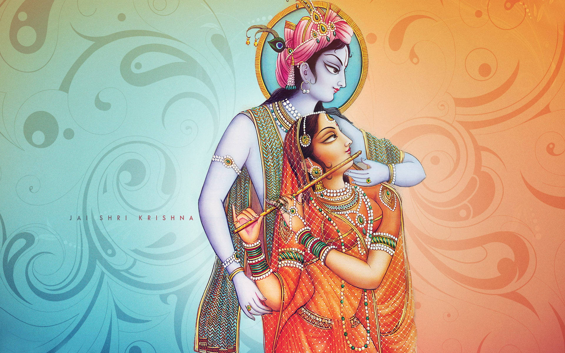 Radha Krishna 3d Blue And Orange Background Background