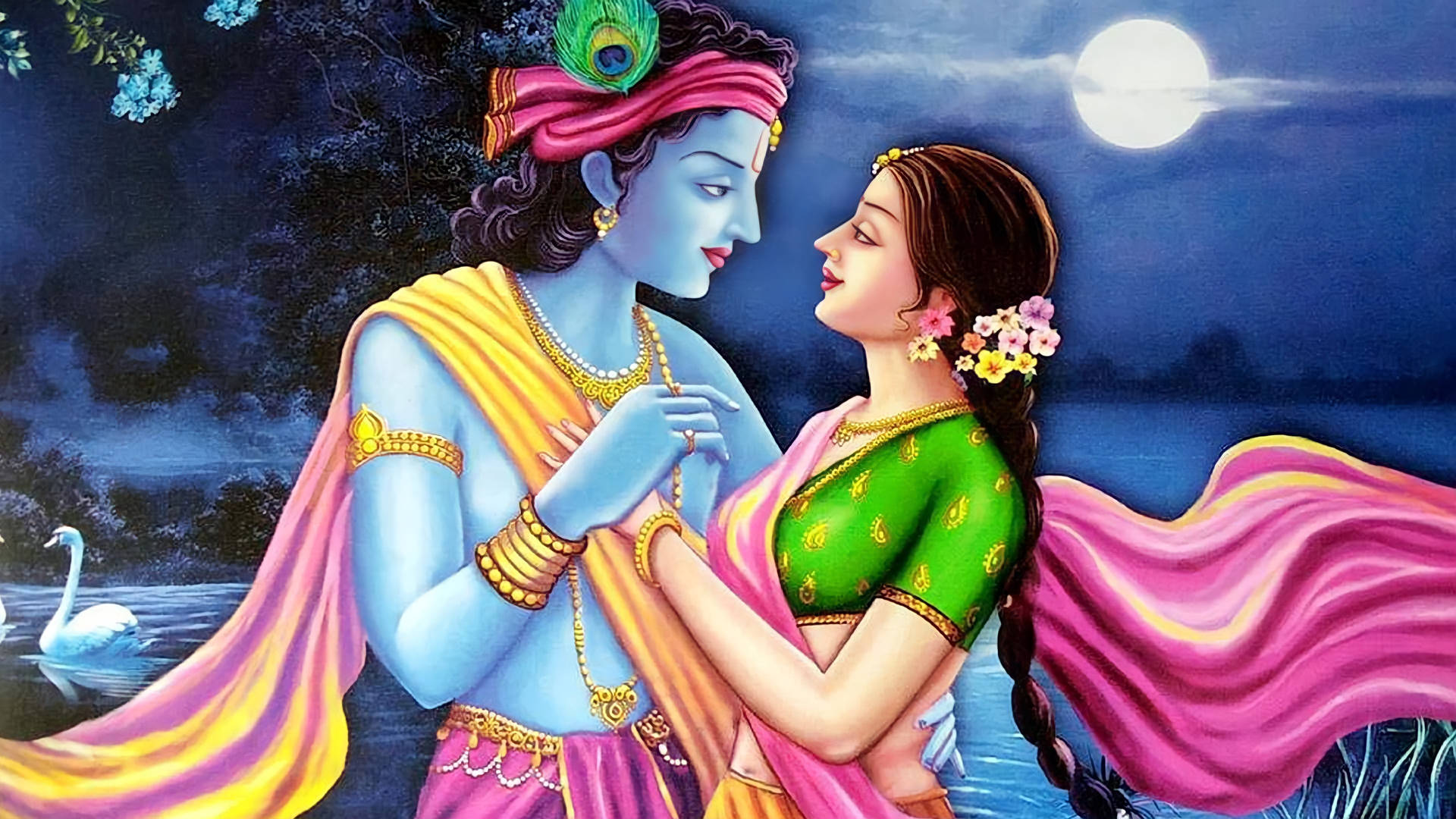 Radha Krishna 3d Blue Full Moon