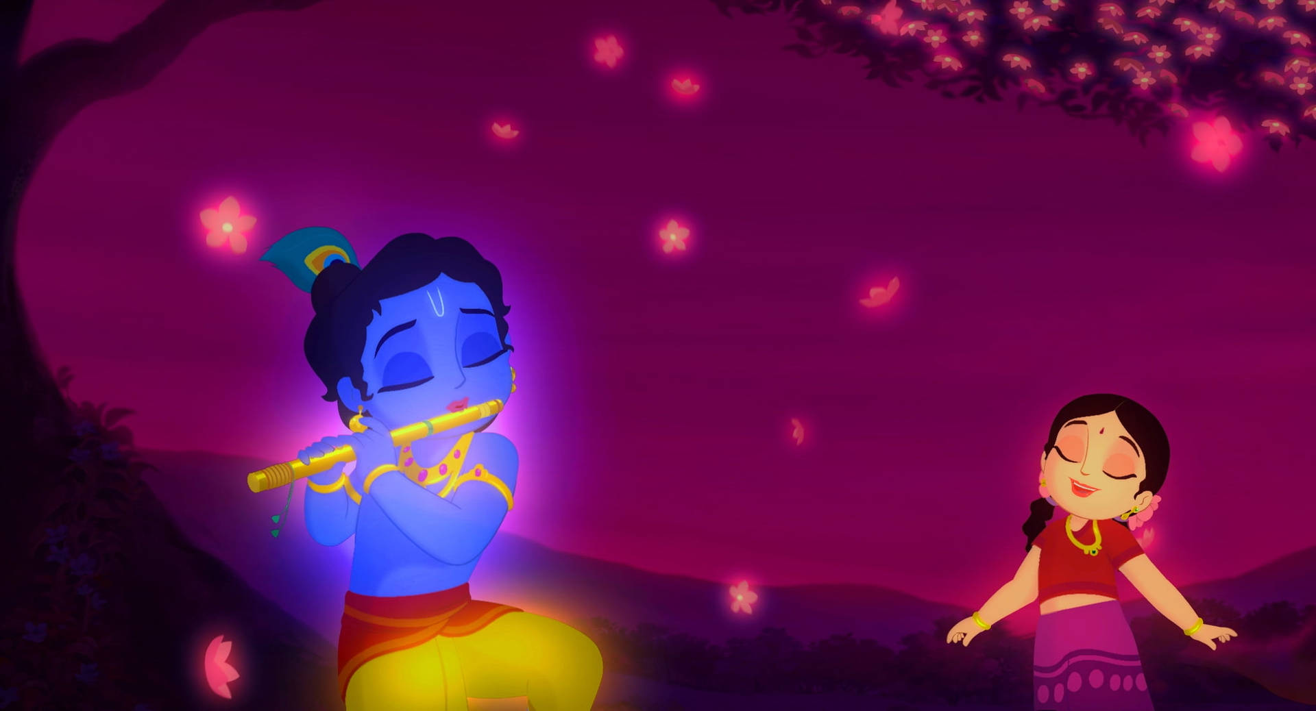 Radha Krishna 3d Under Pink Tree Background