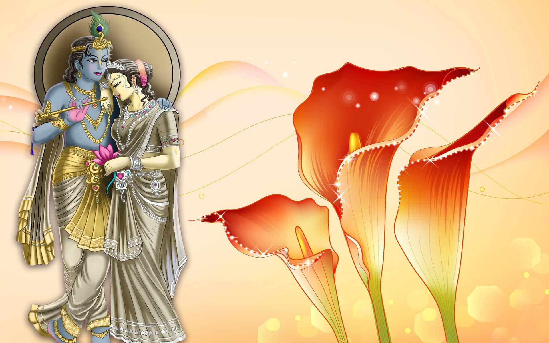 Radha Krishna 3d With Lillies Background