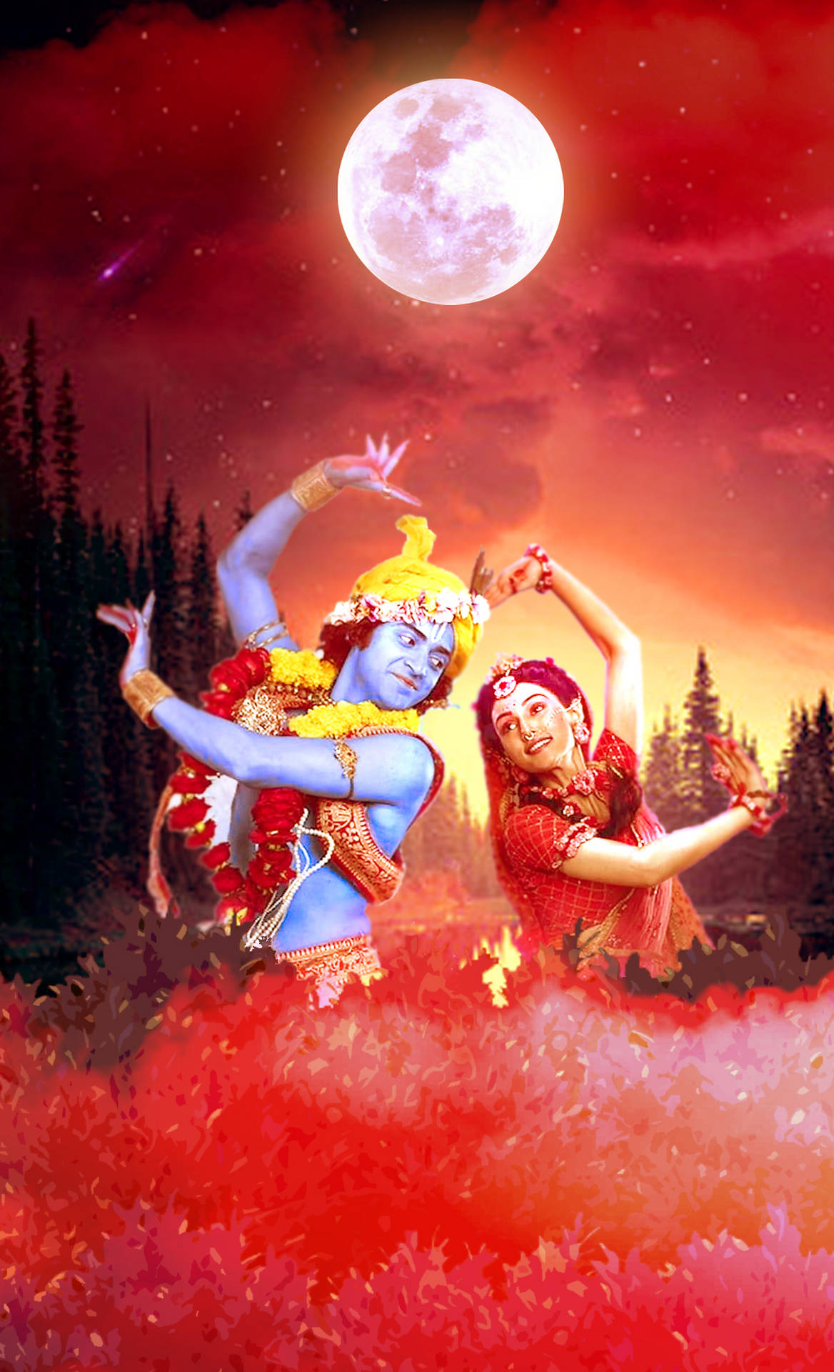 Radha-krishna Red Sky With Moon Background