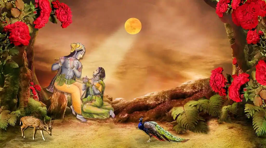 Radha-krishna Yellow Moon Background