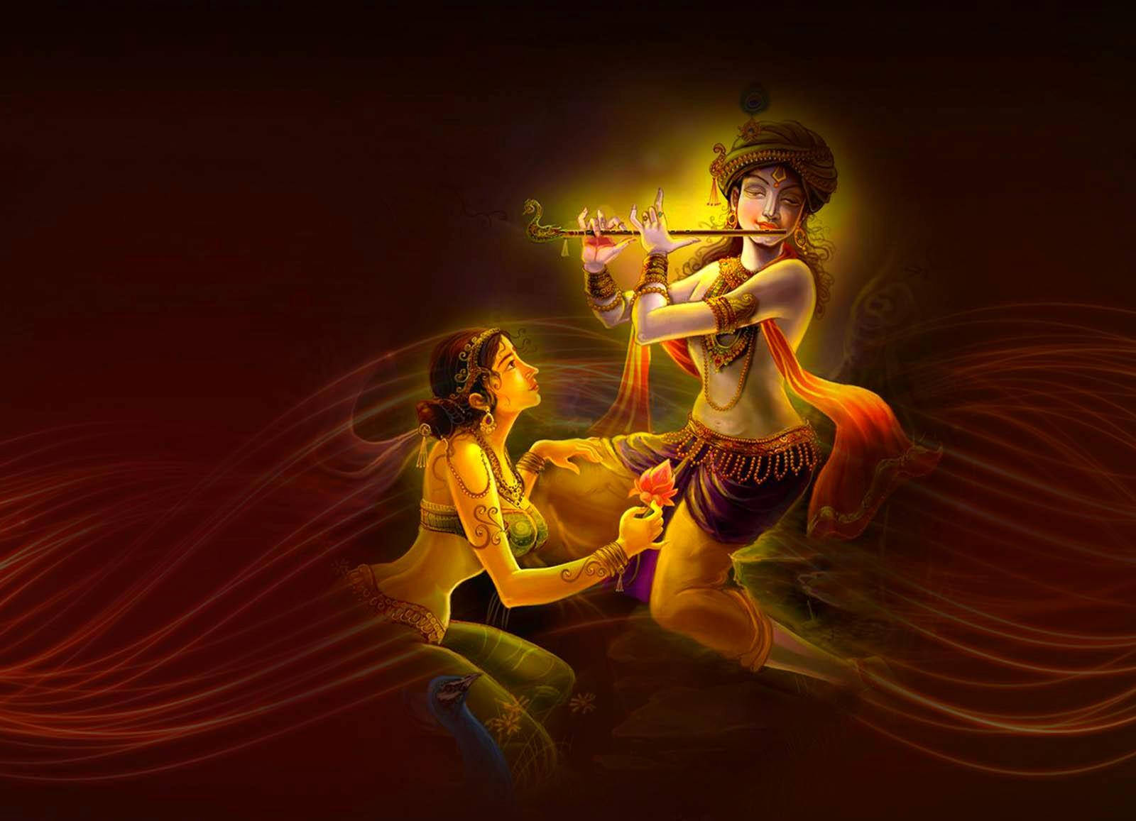 Radha Offering A Lotus Flower To Krishna Desktop Background